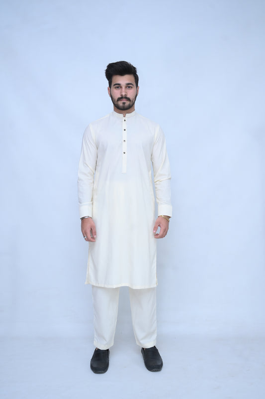 Classic Shalwar Kameez with golden buttons - Offwhite