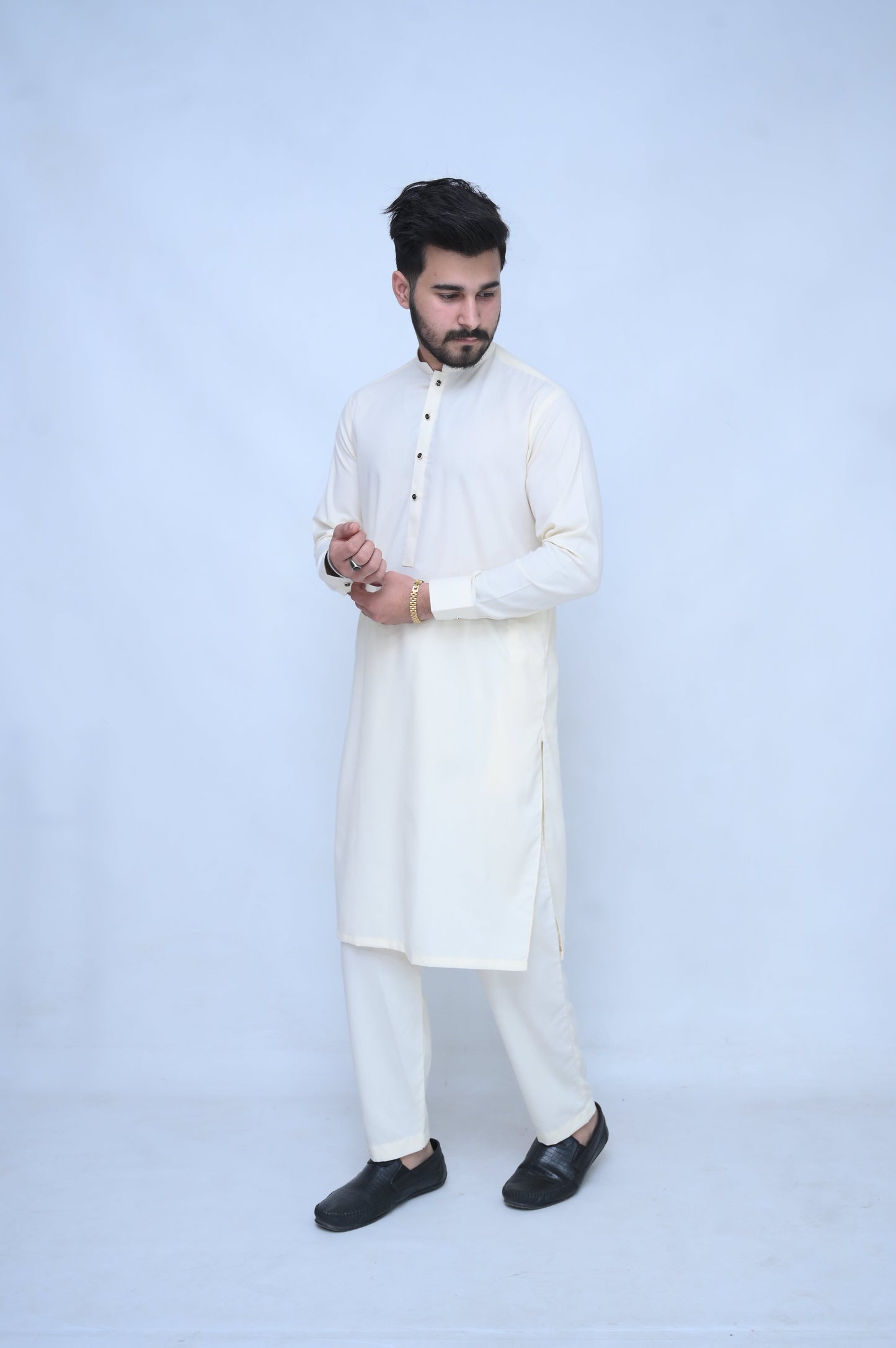 Classic Shalwar Kameez with golden buttons - Offwhite