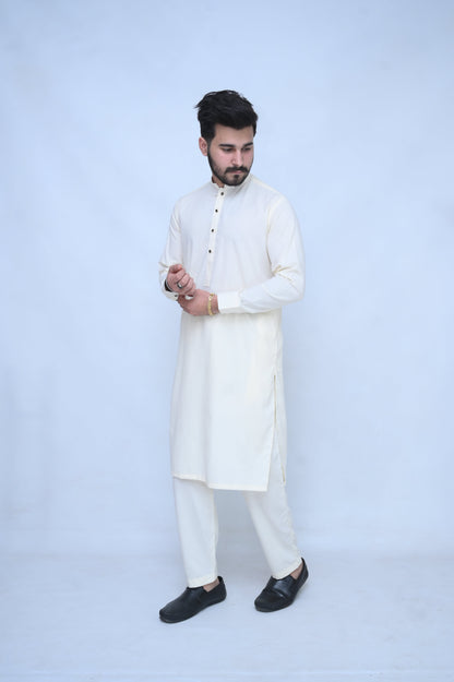 Classic Off white Stitched suit with self golden buttons - trouser