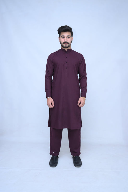 Shahi Mehroon Stitched Suit with Trouser and Ban - Four Season Fabric