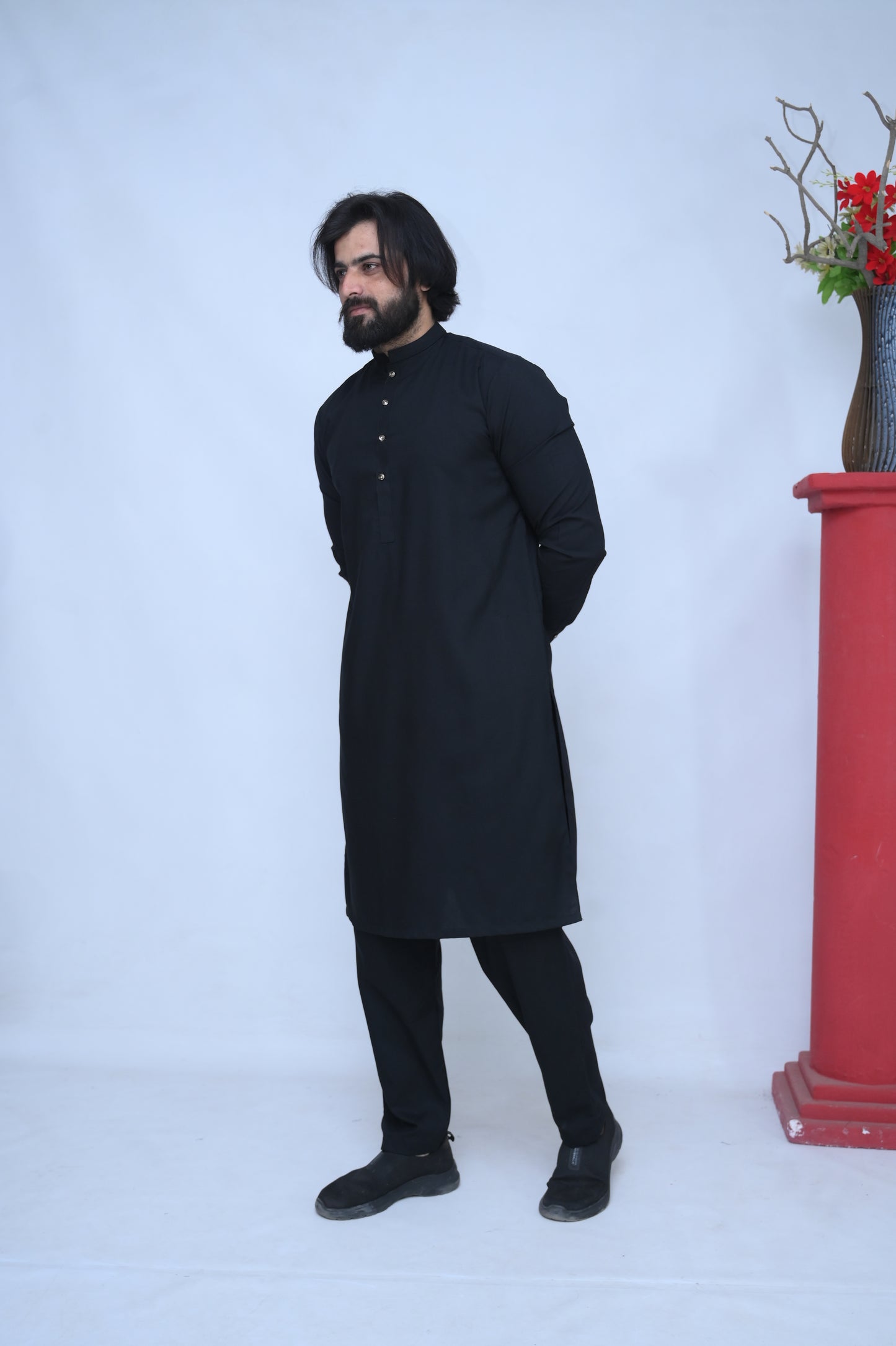 Majestic Black Stitched Suit with Trouser and Golden Buttons