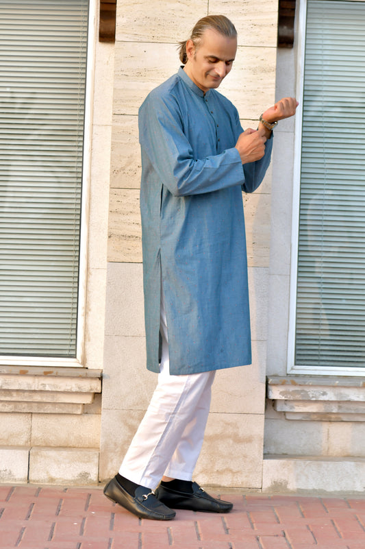 Ice Blue Kurta - Thread Embossed