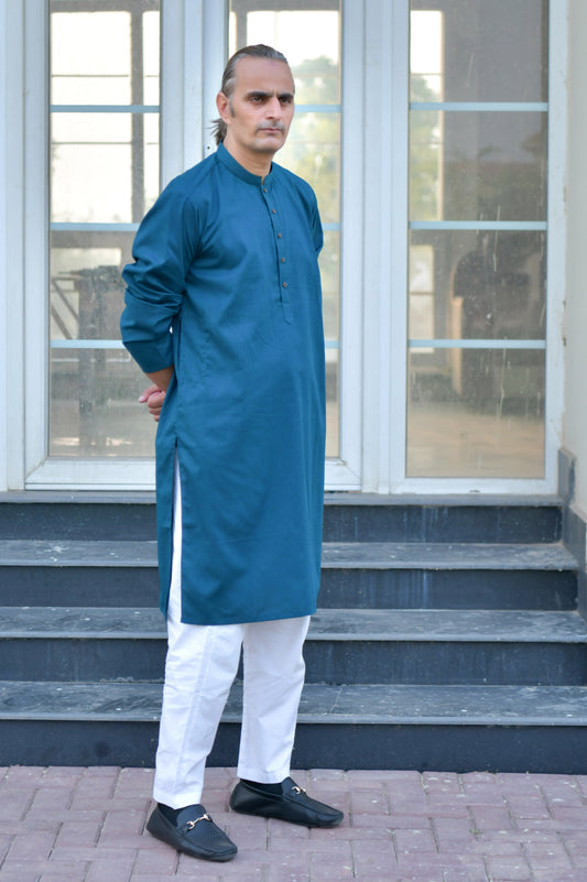 Teal Coloured Kurta crafted with wooden buttons